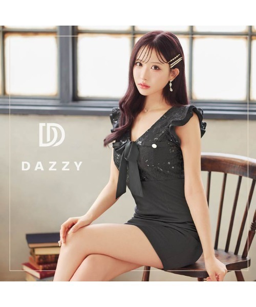 DAZZY(デイジー)の「スパンコール刺繍フロントリボンフリル袖タイトミニドレス(ドレス・レディース・ブラック/ブルー・S/M/L)」の12枚目の写真