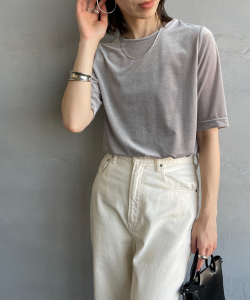 JEANS FACTORY Clothes（ジーンズファクトリークローズ）の「[Jeans Factory Clothes/ジーンズファクトリークローズ] シアーベロア ショートスリーブカットソー（Tシャツ/カットソー・レディース・グレー/サックスブルー/ブラウン/ネイビー・F）」の2枚目の写真