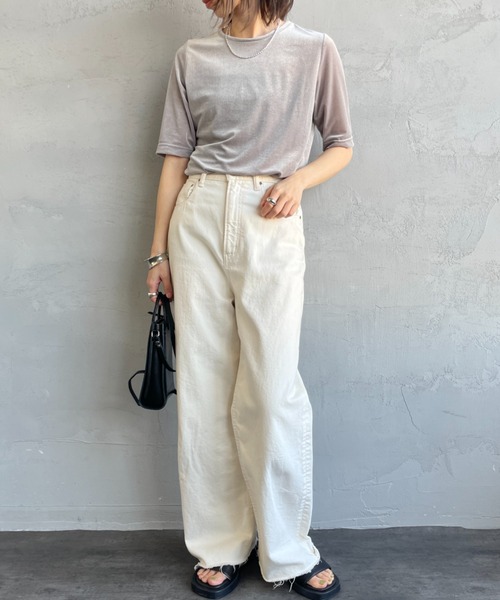 JEANS FACTORY Clothes（ジーンズファクトリークローズ）の「[Jeans Factory Clothes/ジーンズファクトリークローズ] シアーベロア ショートスリーブカットソー（Tシャツ/カットソー・レディース・グレー/サックスブルー/ブラウン/ネイビー・F）」の5枚目の写真