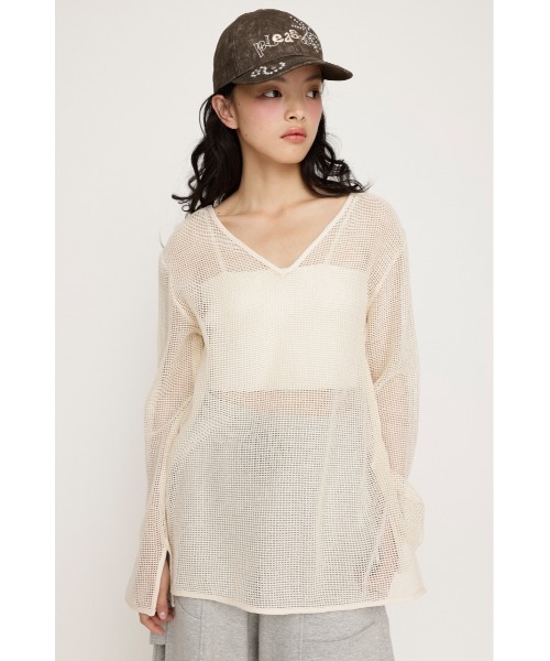 SLY（スライ）の「COTTON MESH 2WAY TOPS コットン メッシュ 2ウェイ トップス シアートップス（Tシャツ/カットソー・レディース・アイボリー/ブラック/ライトピンク・FREE）」の6枚目の写真