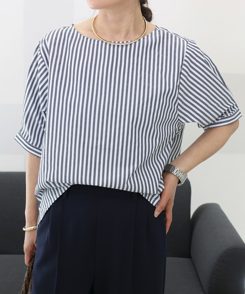 Aletta vita(アレッタビータ)の「T/Cストライプボートネック5分袖ブラウス(シャツ/ブラウス・レディース・チャコール/ネイビー/キャメル・FREE)」の1枚目の写真