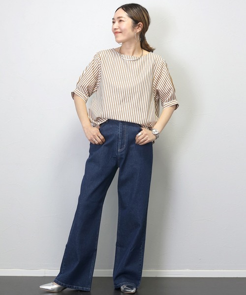 Aletta vita(アレッタビータ)の「T/Cストライプボートネック5分袖ブラウス(シャツ/ブラウス・レディース・チャコール/ネイビー/キャメル・FREE)」の4枚目の写真