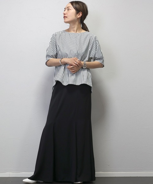Aletta vita(アレッタビータ)の「T/Cストライプボートネック5分袖ブラウス(シャツ/ブラウス・レディース・チャコール/ネイビー/キャメル・FREE)」の21枚目の写真