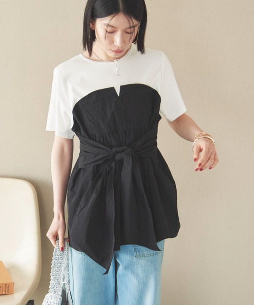 Doux archives(ドゥアルシーヴ)の「カットドッキングペプラムトップス(Tシャツ/カットソー・レディース・ベージュ/ブラック/チャコールグレー/ブラウン・38)」の2枚目の写真