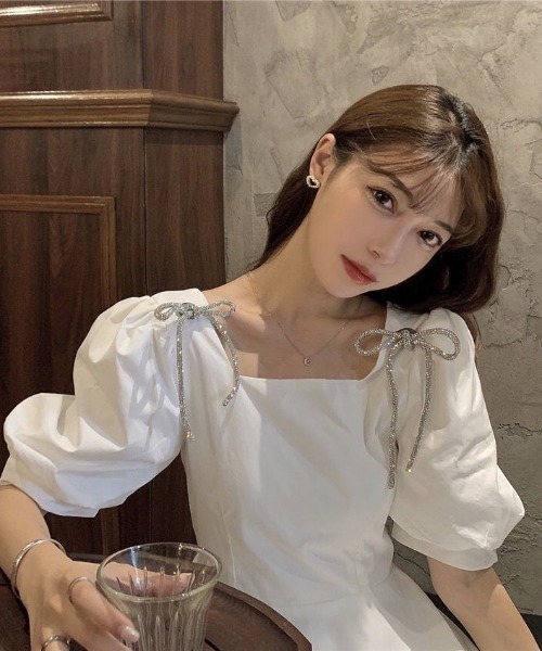 リボン デザイン スクエアネック バルーン フレアワンピース  