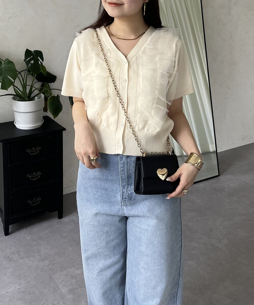 prose verse（プロズヴェール）の「半袖チュールフリルカーディガン（カーディガン/ボレロ・レディース・アイボリー/ブラック・MEDIUM/LARGE）」の3枚目の写真