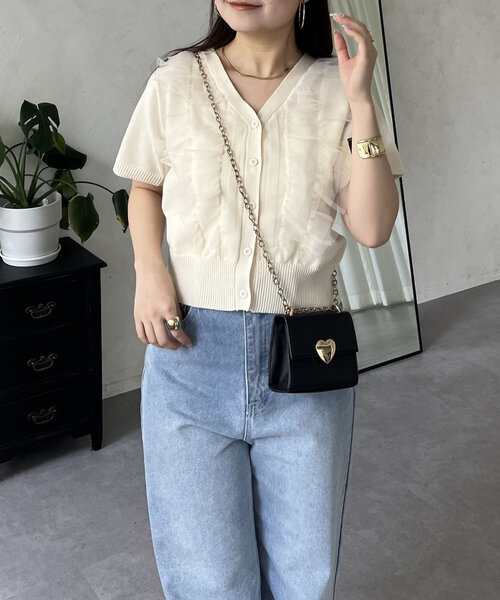 prose verse（プロズヴェール）の「半袖チュールフリルカーディガン（カーディガン/ボレロ・レディース・アイボリー/ブラック・MEDIUM/LARGE）」の4枚目の写真