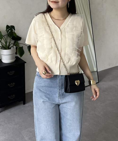 prose verse（プロズヴェール）の「半袖チュールフリルカーディガン（カーディガン/ボレロ・レディース・アイボリー/ブラック・MEDIUM/LARGE）」の5枚目の写真