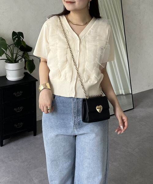 prose verse（プロズヴェール）の「半袖チュールフリルカーディガン（カーディガン/ボレロ・レディース・アイボリー/ブラック・MEDIUM/LARGE）」の7枚目の写真