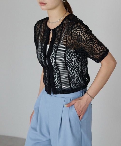 r.（アールドット）の「レース×メッシュ　トップス（Tシャツ/カットソー・レディース・ブラック/ホワイト・フリー）」の3枚目の写真