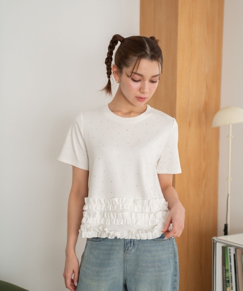 セール】【Nu】ラインストーン付き裾フリルトップス（Tシャツ