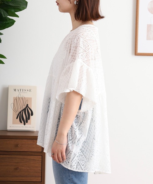 EGLANTINE（エグランティーヌ）の「EGLANTINE 総レースペプラムカットソー（Tシャツ/カットソー・レディース・ブラック/オフホワイト・40）」の9枚目の写真