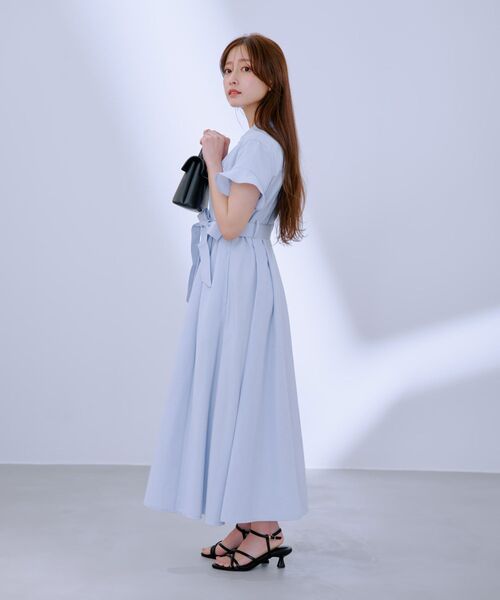 ★M&S Collection ピュアコットンストライプフレア 淑女ワンピ ストライプカシュクールタックワンピース 【低身長・小柄女性