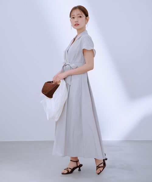 大人気nunuforme ワンピース　小柄な女性も可 ストライプカシュクールタックワンピース 【低身長・小柄女性
