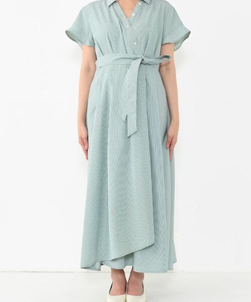 ストライプカシュクールタックワンピース 【低身長・小柄女性