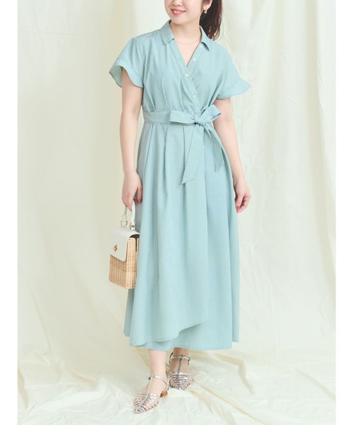 コヒナ　リネンライクカシュクールラップ風ワンピース-short リネンライクカシュクールラップ風ワンピース-short & regular