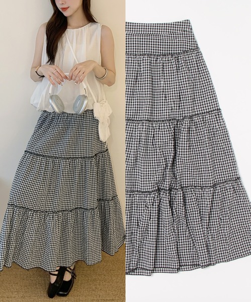 L LABEL（エルラベル）の「ロングティアードスカート（スカート・レディース・ブラック×ホワイト/ホワイト/ブラック・SMALL/MEDIUM）」の3枚目の写真