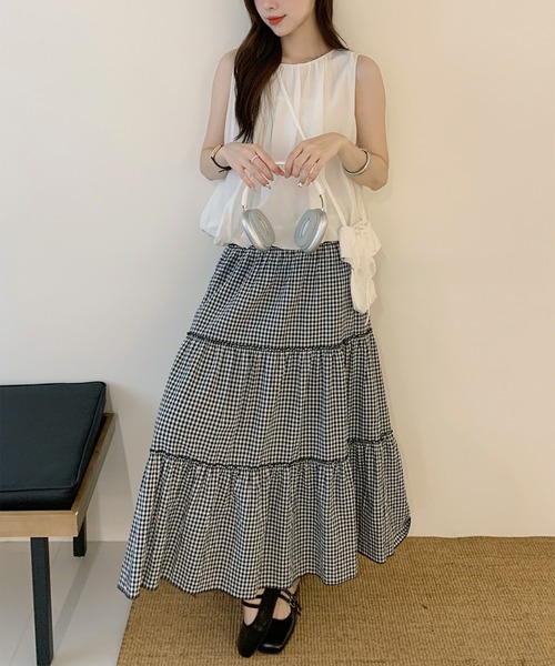 L LABEL（エルラベル）の「ロングティアードスカート（スカート・レディース・ブラック×ホワイト/ホワイト/ブラック・SMALL/MEDIUM）」の6枚目の写真