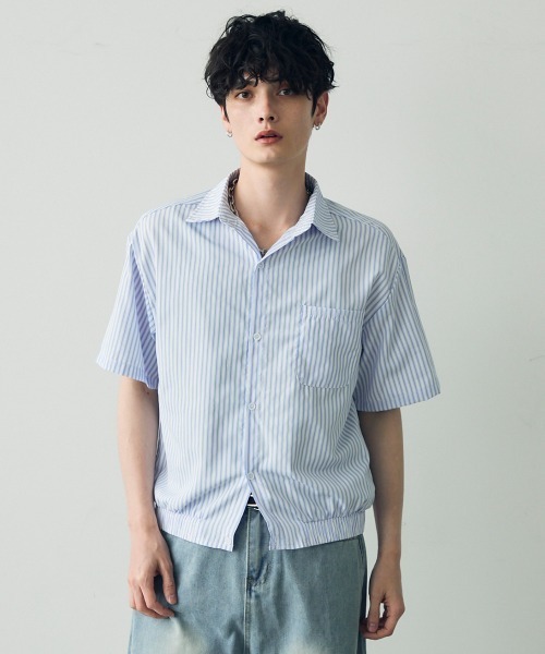 ハイカラー ストライプ パッチワーク 半袖 Tシャツ メンズ c170 セール】Short length regular collar striped short sleeve