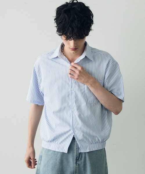 CRIMIE ネイビー ストライプ 半袖シャツ 短パン　セットアップ　M 半袖ワイシャツ ストライプ ブルー CoolMax ELLE HOMME｜CHOYA