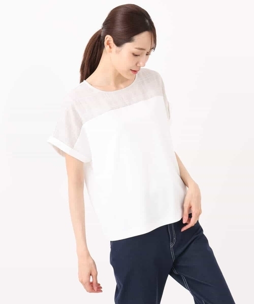 MK MICHEL KLEIN（エムケーミッシェルクラン）の「シアーチェック切替えカットソー/洗える（Tシャツ/カットソー・レディース・アイボリー/グレー・38）」の15枚目の写真