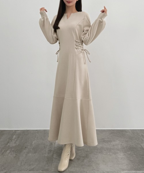 ワンピース零〜106　98,99,102抜け セール】キーネック裏起毛レースアップワンピース（ワンピース