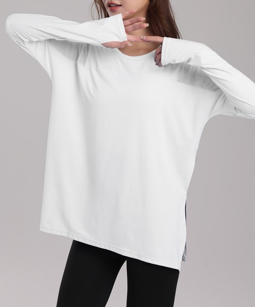HYSSHOP（エイチワイエスショップ）の「レディース 長袖メッシュ×サイドスリットヨガウェアトップス ［フィットネス/スポーツ/ジム/ピラティス］[トレーニングウェア/ジムウェア/ピラティスウェア]（その他トップス・レディース・サックスブルー/スモークピンク/ブラック/ホワイト/ライトグリーン・L/LL/S/M）」の7枚目の写真