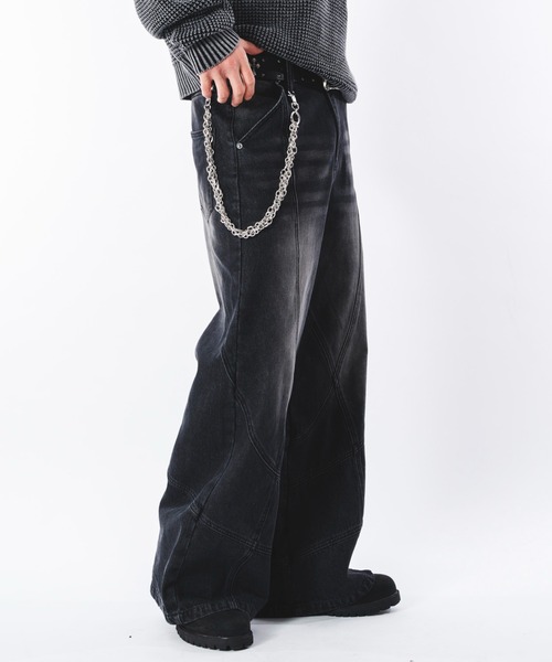 SHORT ROUND（ショートラウンド）の「SHORT ROUND/スウィッチングフレアデニムパンツ（デニムパンツ・メンズ・コバルトブルー/ブラック系3・LARGE/MEDIUM）」の2枚目の写真