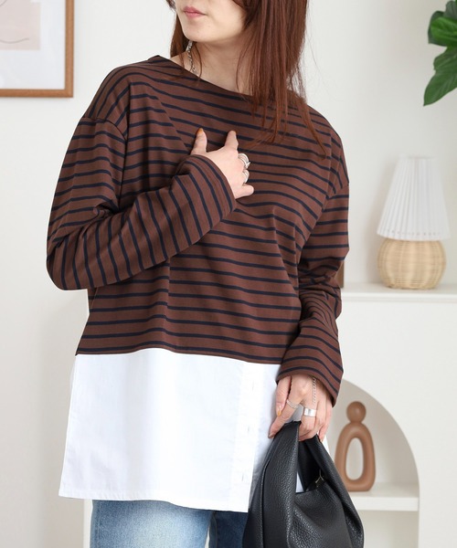Arinomama（アリノママ）の「綿100%ボーダー　2wayレイヤードライクボーダーロンT（Tシャツ/カットソー・レディース・ホワイト×ブラック/ブラウン系/レッド系/ブラック×ホワイト・FREE）」の3枚目の写真