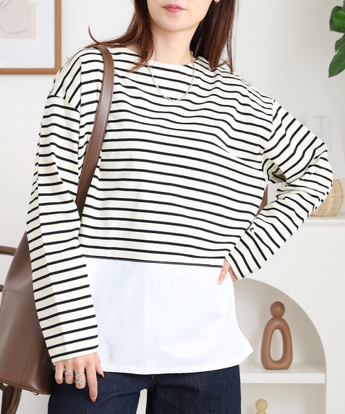 Arinomama（アリノママ）の「綿100%ボーダー　2wayレイヤードライクボーダーロンT（Tシャツ/カットソー・レディース・ホワイト×ブラック/ブラウン系/レッド系/ブラック×ホワイト・FREE）」の5枚目の写真