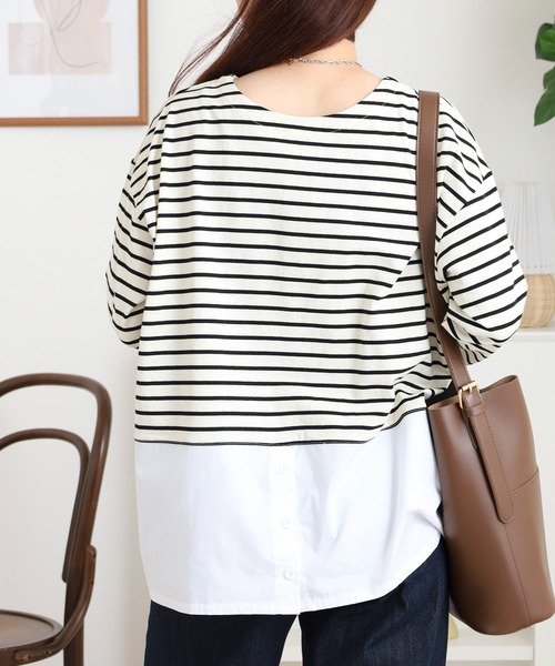 Arinomama（アリノママ）の「綿100%ボーダー　2wayレイヤードライクボーダーロンT（Tシャツ/カットソー・レディース・ホワイト×ブラック/ブラウン系/レッド系/ブラック×ホワイト・FREE）」の8枚目の写真
