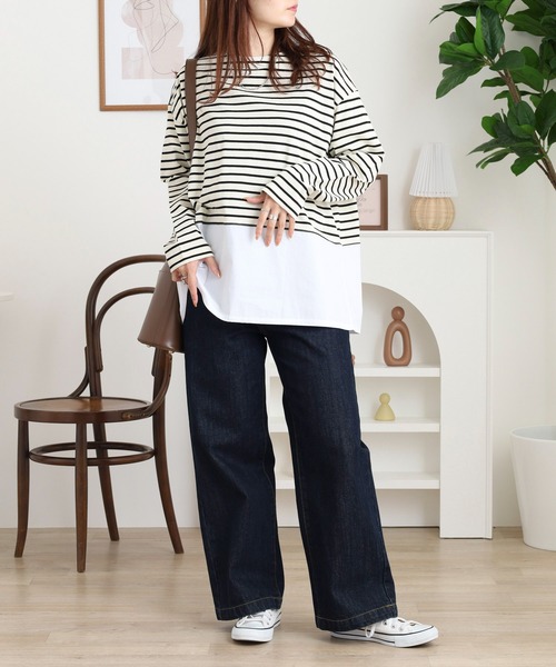 Arinomama（アリノママ）の「綿100%ボーダー　2wayレイヤードライクボーダーロンT（Tシャツ/カットソー・レディース・ホワイト×ブラック/ブラウン系/レッド系/ブラック×ホワイト・FREE）」の9枚目の写真
