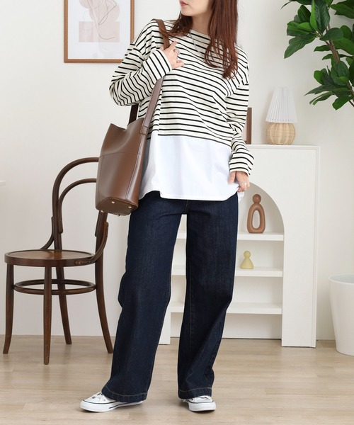 Arinomama（アリノママ）の「綿100%ボーダー　2wayレイヤードライクボーダーロンT（Tシャツ/カットソー・レディース・ホワイト×ブラック/ブラウン系/レッド系/ブラック×ホワイト・FREE）」の10枚目の写真