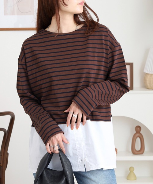 Arinomama（アリノママ）の「綿100%ボーダー　2wayレイヤードライクボーダーロンT（Tシャツ/カットソー・レディース・ホワイト×ブラック/ブラウン系/レッド系/ブラック×ホワイト・FREE）」の18枚目の写真
