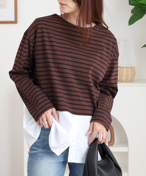 Arinomama（アリノママ）の「綿100%ボーダー　2wayレイヤードライクボーダーロンT（Tシャツ/カットソー・レディース・ホワイト×ブラック/ブラウン系/レッド系/ブラック×ホワイト・FREE）」の19枚目の写真