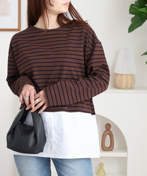 Arinomama（アリノママ）の「綿100%ボーダー　2wayレイヤードライクボーダーロンT（Tシャツ/カットソー・レディース・ホワイト×ブラック/ブラウン系/レッド系/ブラック×ホワイト・FREE）」の20枚目の写真
