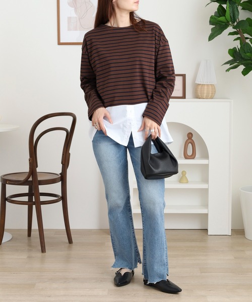 Arinomama（アリノママ）の「綿100%ボーダー　2wayレイヤードライクボーダーロンT（Tシャツ/カットソー・レディース・ホワイト×ブラック/ブラウン系/レッド系/ブラック×ホワイト・FREE）」の21枚目の写真
