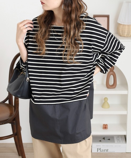 Arinomama（アリノママ）の「綿100%ボーダー　2wayレイヤードライクボーダーロンT（Tシャツ/カットソー・レディース・ホワイト×ブラック/ブラウン系/レッド系/ブラック×ホワイト・FREE）」の13枚目の写真