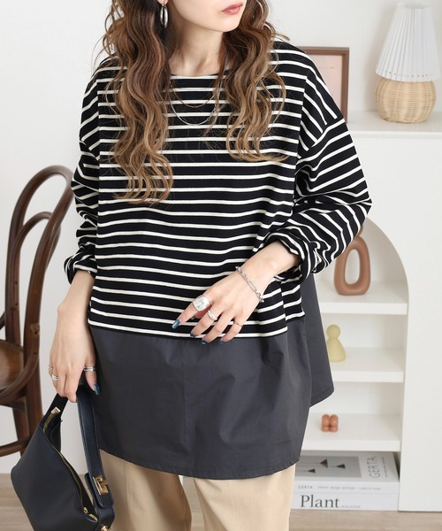 Arinomama（アリノママ）の「綿100%ボーダー　2wayレイヤードライクボーダーロンT（Tシャツ/カットソー・レディース・ホワイト×ブラック/ブラウン系/レッド系/ブラック×ホワイト・FREE）」の12枚目の写真