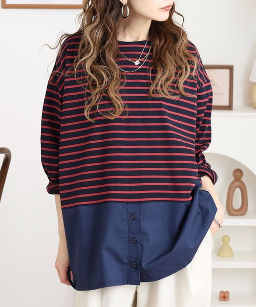 Arinomama（アリノママ）の「綿100%ボーダー　2wayレイヤードライクボーダーロンT（Tシャツ/カットソー・レディース・ホワイト×ブラック/ブラウン系/レッド系/ブラック×ホワイト・FREE）」の22枚目の写真