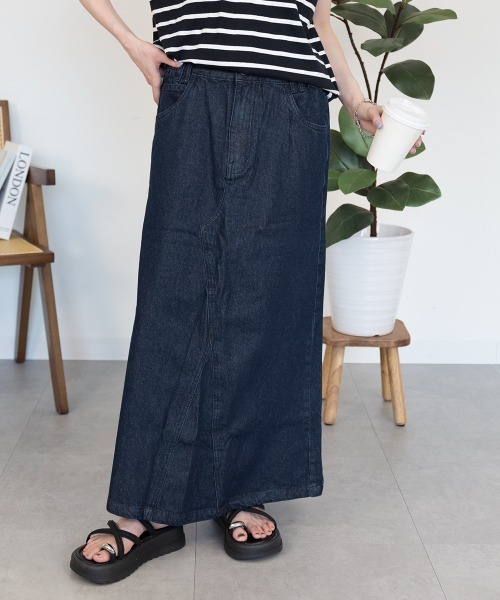 RCD(アールシーディー)の「セミタイトデニムマキシスカート(デニムスカート・レディース・ネイビー/ブルー/ワンウォッシュ・3L/M/4L/LL/L)」の1枚目の写真