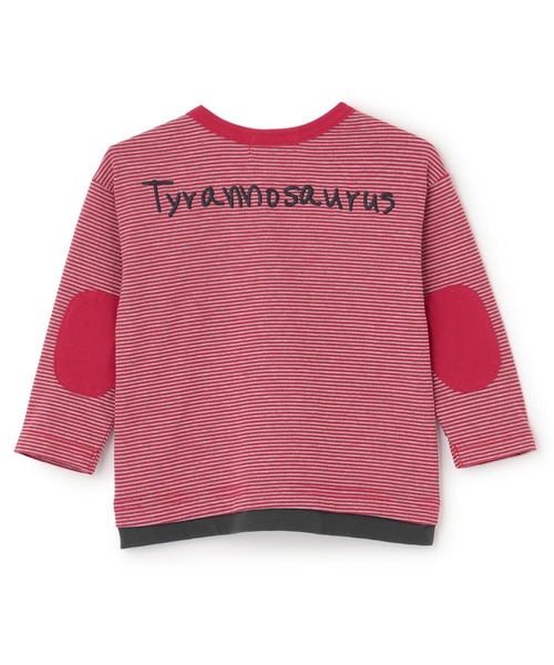 KP BOY（ケーピーボーイ）の「恐竜刺しゅう×エルボーパッチ ミジンボーダー長T（Tシャツ/カットソー・キッズ・ブラック/レッド・80ｃｍ/90cm/100cm/120cm/110cm）」の3枚目の写真