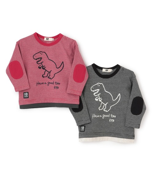 KP BOY（ケーピーボーイ）の「恐竜刺しゅう×エルボーパッチ ミジンボーダー長T（Tシャツ/カットソー・キッズ・ブラック/レッド・80ｃｍ/90cm/100cm/120cm/110cm）」の12枚目の写真