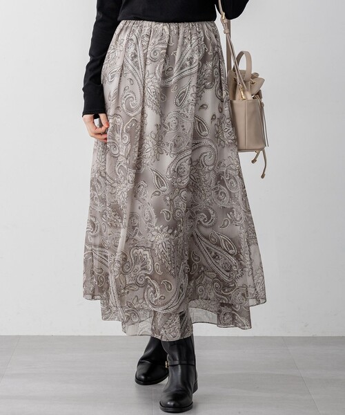 【23区/アンタイトル 】ペイズリー　レーススカート フレアプルオーバー　3L 洗える】Erica クレープペイズリープリント スカート（スカート）｜23