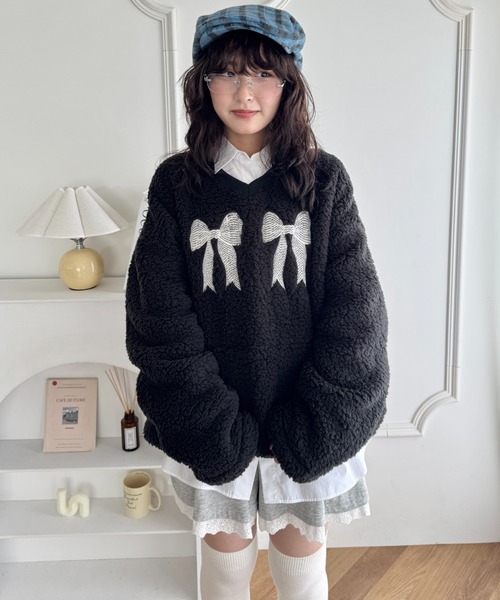 セール】ダブルリボンもこもこボアトップス（スウェット）｜SOLLON