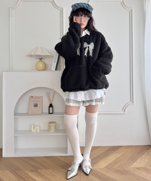 セール】ダブルリボンもこもこボアトップス（スウェット）｜SOLLON