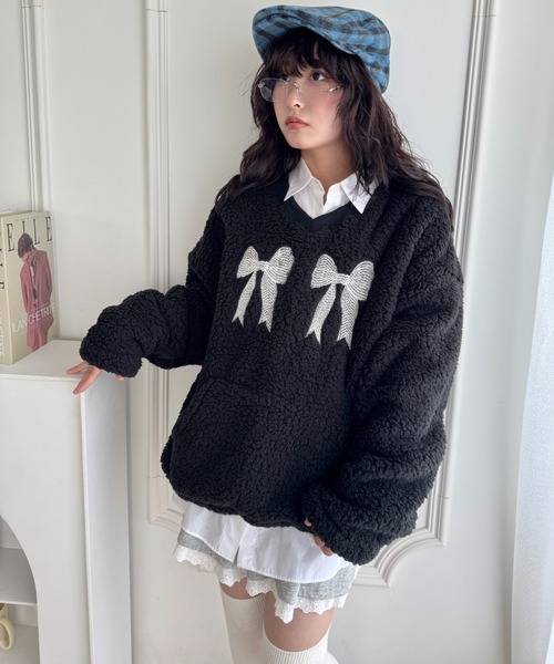 セール】ダブルリボンもこもこボアトップス（スウェット）｜SOLLON