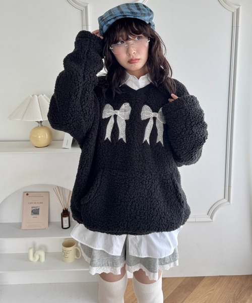 セール】ダブルリボンもこもこボアトップス（スウェット）｜SOLLON