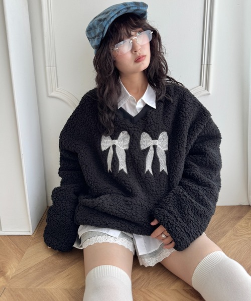 セール】ダブルリボンもこもこボアトップス（スウェット）｜SOLLON