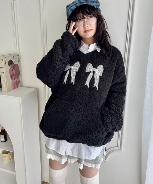 セール】ダブルリボンもこもこボアトップス（スウェット）｜SOLLON